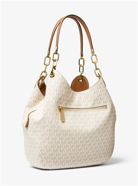 michael michael kors lillie large chain shoulder tote vanilla/acorn|Michael Michael Kors Lillie Signature Large Chain Shoulder Tote.